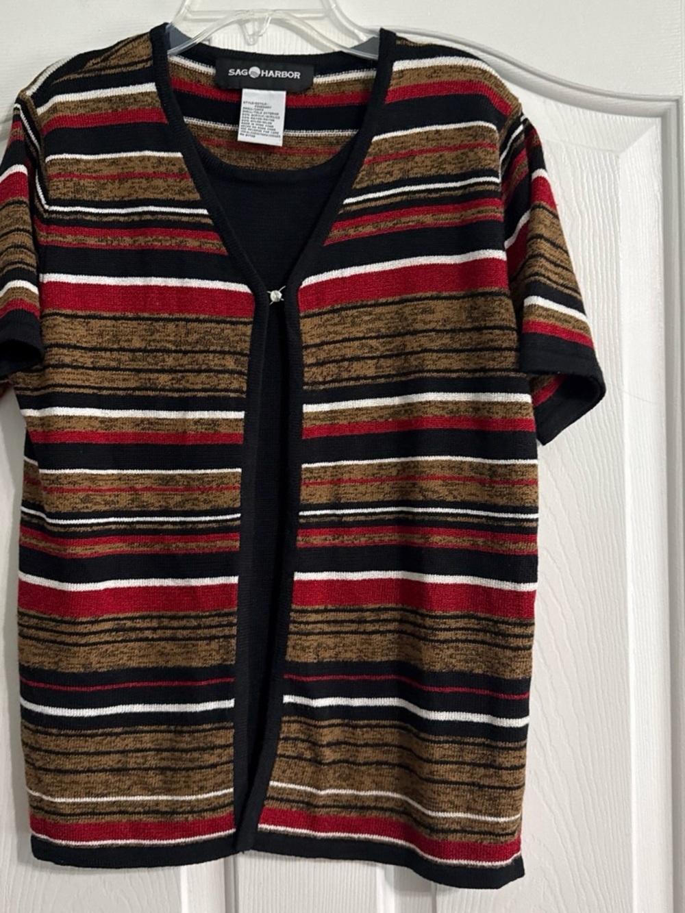 Sag Harbor Women’s Short Sleeve Striped Sweater — Black, Brown & Red